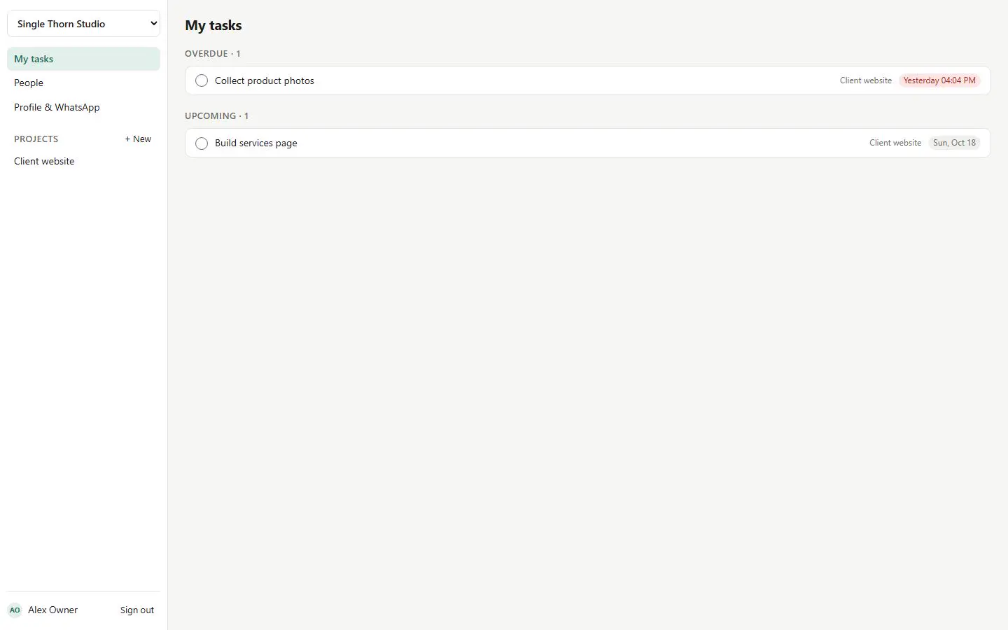 Task portal showing a list of assigned tasks